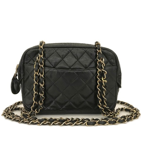 CHANEL Handbags - CHANEL Quilted Matelasse Lambskin Chain Shoulder Camera Bag Black leather gold